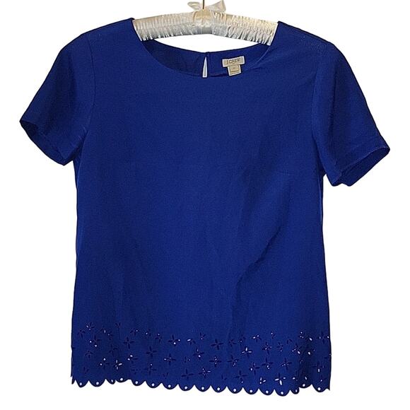 J.Crew Blue Blue Short Sleeve Women's Blouse Size XS Laser Cut Hem E8571 - Picture 1 of 6